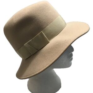 Vintage Adolfo II 100% Wool Tan Hat With Matching Ribbon Trim Bow Made in USA